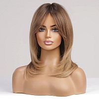 HAIRCUBE Ombre Brown Wigs for Women Shoulder Length Wigs Charming Long Curly Wigs with Bangs Daily Use