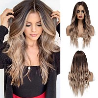 Esmee 20 Inches Ombre Blonde Wig With Bangs Synthetic Long Wavy Wigs For Women Brown Roots Blonde Hair