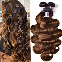 UNice Brown Highlight Body Wave Human Hair Weave 3 Bundles 18 18 18 inch, Brazilian Remy Hair Ombre Blonde Human Hair Wavy Weaves Sew in Piano Color