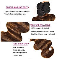 UNice Brown Highlight Body Wave Human Hair Weave 3 Bundles 18 18 18 inch, Brazilian Remy Hair Ombre Blonde Human Hair Wavy Weaves Sew in Piano Color