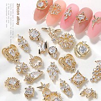 Hnuix Nail Charms And Gems Gold Copper Zircon Multiple Shapes Metal Jewelry Rhinestones Charms 22Piece