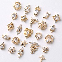 Hnuix Nail Charms And Gems Gold Copper Zircon Multiple Shapes Metal Jewelry Rhinestones Charms 22Piece