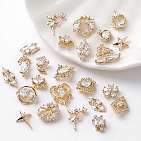 Hnuix Nail Charms And Gems Gold Copper Zircon Multiple Shapes Metal Jewelry Rhinestones Charms 22Piece