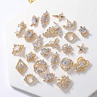 Hnuix Nail Charms And Gems Gold Copper Zircon Multiple Shapes Metal Jewelry Rhinestones Charms 22Piece