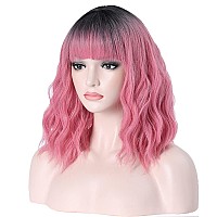 Beron 14 Inches Black Pink Ombre Wig Short Curly Wig With Bangs Pink Wig Synthetic Wigs Women Girls Ombre Wig With Wig Cap