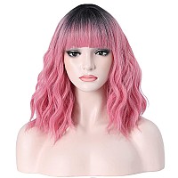 Beron 14 Inches Black Pink Ombre Wig Short Curly Wig With Bangs Pink Wig Synthetic Wigs Women Girls Ombre Wig With Wig Cap