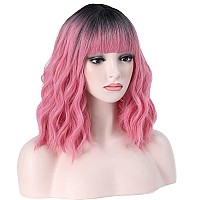 Beron 14 Inches Black Pink Ombre Wig Short Curly Wig With Bangs Pink Wig Synthetic Wigs Women Girls Ombre Wig With Wig Cap