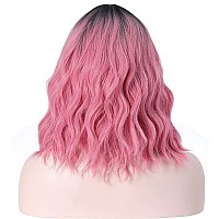 Beron 14 Inches Black Pink Ombre Wig Short Curly Wig With Bangs Pink Wig Synthetic Wigs Women Girls Ombre Wig With Wig Cap