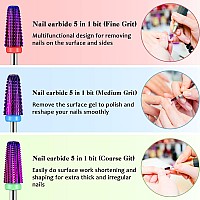 3 Pieces Nail Carbide 5 In 1 Bit, Nail Drill Bits Set-2 Way Rotate Use For Both Left To Right Handed, 3/32 Inch Shank Size Drill Machine For Fast Remove Acrylic Or Hard Gel (Purple)