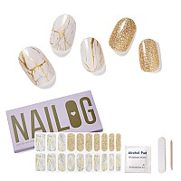 Nailog Semi Cured Gel Nail Strips 20 Extra Long Polish Stickerswraps Glossy Long Lasting Soft Gel Finishing White Marble