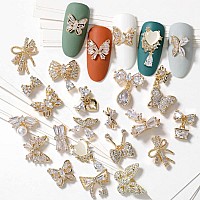 Hnuix Butterfly Nail Charms And Gems Gold Copper Zircon Multiple Shapes Metal Bowknot Jewelry Rhinestones Charms 27Pieces