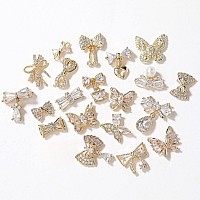 Hnuix Butterfly Nail Charms And Gems Gold Copper Zircon Multiple Shapes Metal Bowknot Jewelry Rhinestones Charms 27Pieces