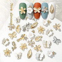 Hnuix Flowers Nail Charms And Gems Gold Copper Zircon Multiple Shapes 3D Dangle Metal Butterfly Jewelry Rhinestones Charms