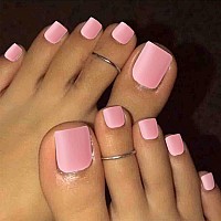 Outyua Pink Press On Toe Nails Matte Square Fake Toenails Short Solid False Toes Nails With Designs Acrylic Cute Artificial Beac