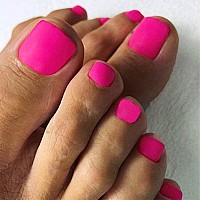 Outyua Hot Pink Press On Toenails Matte Short Fake Toe Nails Acrylic False Toesnail Square Cute Pressons Toenail Artificial Beac