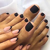 Outyua Black Square Fake Toenails Short Matte Press On Toe Nails Acrylic False Toes Nails With Designs Artificial Summer Beach F