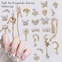 Hnuix Nail Charms And Gems Gold Copper Zircon Multiple Shapes Dangle Metal Jewelry Rhinestones For Nails 22Pieces