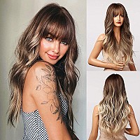 Honygebia Light Brown Wig with Bangs - Long Ombre Wavy Wigs for White Women, Ash White Synthetic Heat Resistant Hair, Natural Best Wigs for Halloween/Christmas/Cosplay/Party