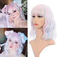 Vckovcko Natural Wavy Wig With Air Bangs Short Bob Piano Color Wigs Womens Shoulder Length Wigs Curly Wavy Synthetic Cosplay Wi