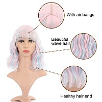 Vckovcko Natural Wavy Wig With Air Bangs Short Bob Piano Color Wigs Womens Shoulder Length Wigs Curly Wavy Synthetic Cosplay Wi