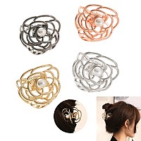 KISSKIKO Mini Rose Flower Hair Claw Clips 1.4 Inch Cute Pearl Small 4 Pcs Metal Nonslip Headdress Gold Silver Women and Girls Fine Hair Fancy Horsetail Clip