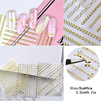 8 Sheets Gold Nail Art Stickers Decals 3D Selfadhesive Nail Art Design Metallic Chains Line Triangle Heart Circle Nail Decorati