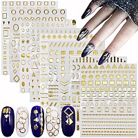 9 Sheets Metallic Gold Nail Art Stickers 3D Nail Decals Holographic Metallic Chains Line Heart Wave Point Circle Nail Art Design