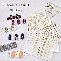 9 Sheets Metallic Gold Nail Art Stickers 3D Nail Decals Holographic Metallic Chains Line Heart Wave Point Circle Nail Art Design