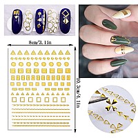 9 Sheets Metallic Gold Nail Art Stickers 3D Nail Decals Holographic Metallic Chains Line Heart Wave Point Circle Nail Art Design