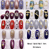 9 Sheets Metallic Gold Nail Art Stickers 3D Nail Decals Holographic Metallic Chains Line Heart Wave Point Circle Nail Art Design