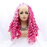 Xiweiya Long Curly Ombre Pink Mixed White Pink Lace Front Wigs Pink Curly Synthetic Lace Front Wig Loose Kinky Soft Lace Wig Hea