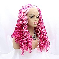 Xiweiya Long Curly Ombre Pink Mixed White Pink Lace Front Wigs Pink Curly Synthetic Lace Front Wig Loose Kinky Soft Lace Wig Hea