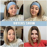 HAIRCUBE Ash Blonde Bob Wig Short Hair Side Parting Wig Hand-Tied Hairline Shoulder Length Ombre Wig Natural Looking Synthetic Ladies Wig