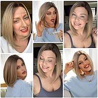 HAIRCUBE Ash Blonde Bob Wig Short Hair Side Parting Wig Hand-Tied Hairline Shoulder Length Ombre Wig Natural Looking Synthetic Ladies Wig