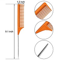 3 Packs Rat Tail Comb Steel Pin Rat Tail Carbon Fiber Heat Resistant Teasing Combs With Stainless Steel Pintail Orange