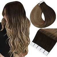 Full Shine Ombre Tape in Hair Extensions Human Hair 16 Inch Tape in Extensions Color 2/6/18 Color Darkest Brown Fading to Chestnut Brown and Ash Blonde Glue in Extensions Hair 20 Pcs 50 Grams Straight