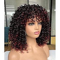 PRETTIEST Afro Curly Wigs with Bangs for Black Women Kinky Curly Wig for Daily Wear (Ombre Burgundy)