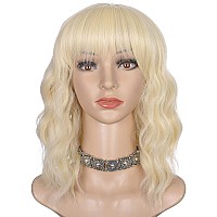 Morvally Short Blonde Wavy Bob Wig With Bangs For Women 16 Inches Natural Synthetic Hair Wavy Wigs