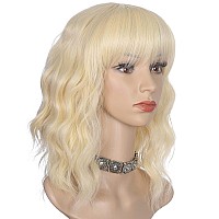 Morvally Short Blonde Wavy Bob Wig With Bangs For Women 16 Inches Natural Synthetic Hair Wavy Wigs