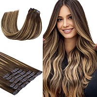 HOTBANANA Seamless clip in Hair Extensions 14 inch 130g 7pcs chocolate Brown mixed caramel Blonde clip in Remy Human Hair Extensions Straight Hair Invisible PU Skin Weft