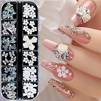 Flower Nail Art Charms Decoration 60Pcs Glitter Butterfly Flower Nail Glitter Decals Stickers Design 3D White Flower Mixed Nail