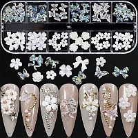 Flower Nail Art Charms Decoration 60Pcs Glitter Butterfly Flower Nail Glitter Decals Stickers Design 3D White Flower Mixed Nail