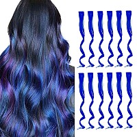 Tengniuniu Colored Hair Extensions Clip In Blue 12 Pieces Highlights Party For Kids Girls Women 16 Inch Wavy Curly Synthetic