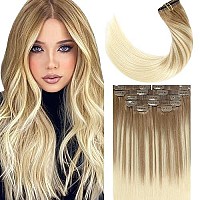 Lacer 22 Inch Seamless Clip In Hair Extensions Human Hair Ombre B860 Light Brown Fading To Platinum Blonde Real Remy Human Hai