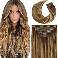 Lacer Hair Real Colored Clip in Hair Extensions Balayage Chocolate Brown to Caramel Blonde 18 Inch Clip in Invisible PU Skin Weft Remy Natural Thick Silky Straight Hair 7pcs 110g for Fashion Women