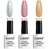 Rarjsm Holographic Gel Nail Polish Set 3Pcs Rose Gold Silver Gorgeous Glossy Soak Off Nail Gel With Glitter Mermaid Unicorn Effe