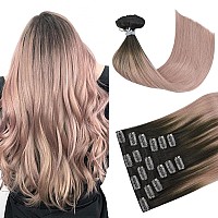 Huayi Balayage Human Hair Extensions Clip In Ombre Dark Brown To Graypink 120G 14Inch Auburn Hair 100 Hair Extensions Real Hu