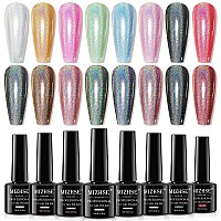 Mizhse Holographic Gel Nail Polish 8 Colors Iridescent Gel Nail Polish Chrome Rainbow Glitter Gel Polish Set Sparkly Shiny La