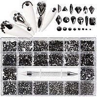 Yzzseven 12 Types of 600 Diamonds +2500 Flat Rhinestones Mix 20 Styles Flatback Rhinestone Crystals 3D Decorations Flat Back Stones Gems Set for for Nail Art DIY|(Mine black)