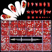 Yzzseven 12 Types of 600 Diamonds +2500 Flat Rhinestones Mix 20 Styles Flatback Rhinestone Crystals 3D Decorations Flat Back Stones Gems Set for for Nail Art DIY|(Scarlet)